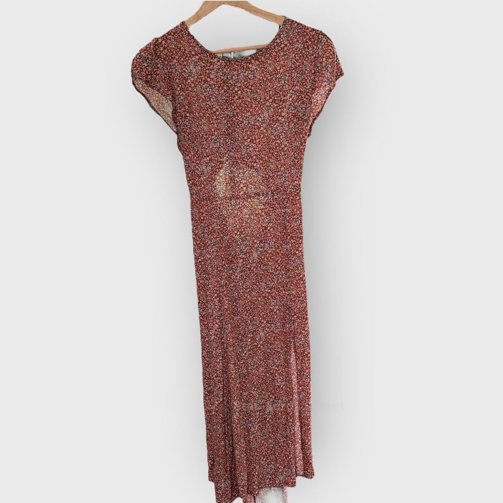 Lulus Cutout Midi Dress Small Burgundy Ditsy Floral Cap Sleeve Cottagecore